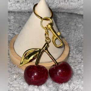Red Glitter Cherry Keychain with Gold Accents (1 color RED) NWOT